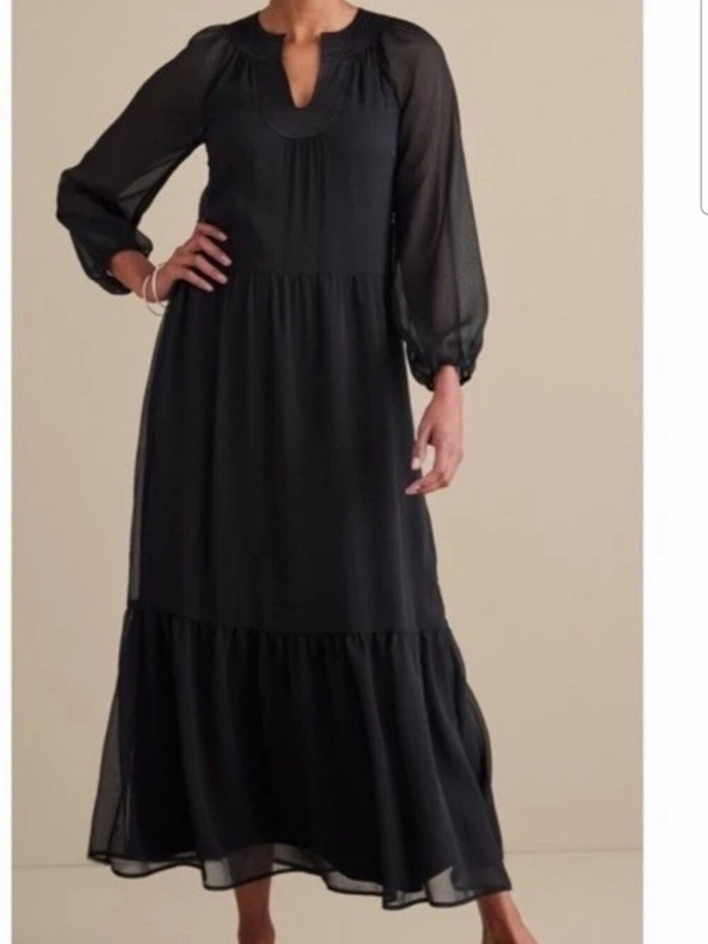 Soft Surroundings Olga Dress L Black Tiered Chiffon Maxi Boho Witchy